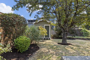 Even the back corner feels considered—the detached shed sits beneath mature canopy, with a front window for daylight and room for secure, dry bike storage, yard gear or potential studio/workspace use.