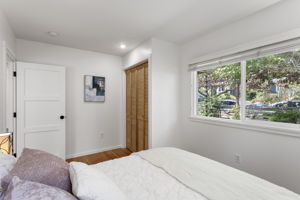 The wide front window looks into the garden canopy, giving the room a leafy outlook and some visual distance from the street.