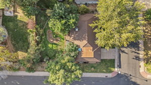 Aerial drone view highlighting the corner lot location, large shade trees, and surrounding neighborhood.