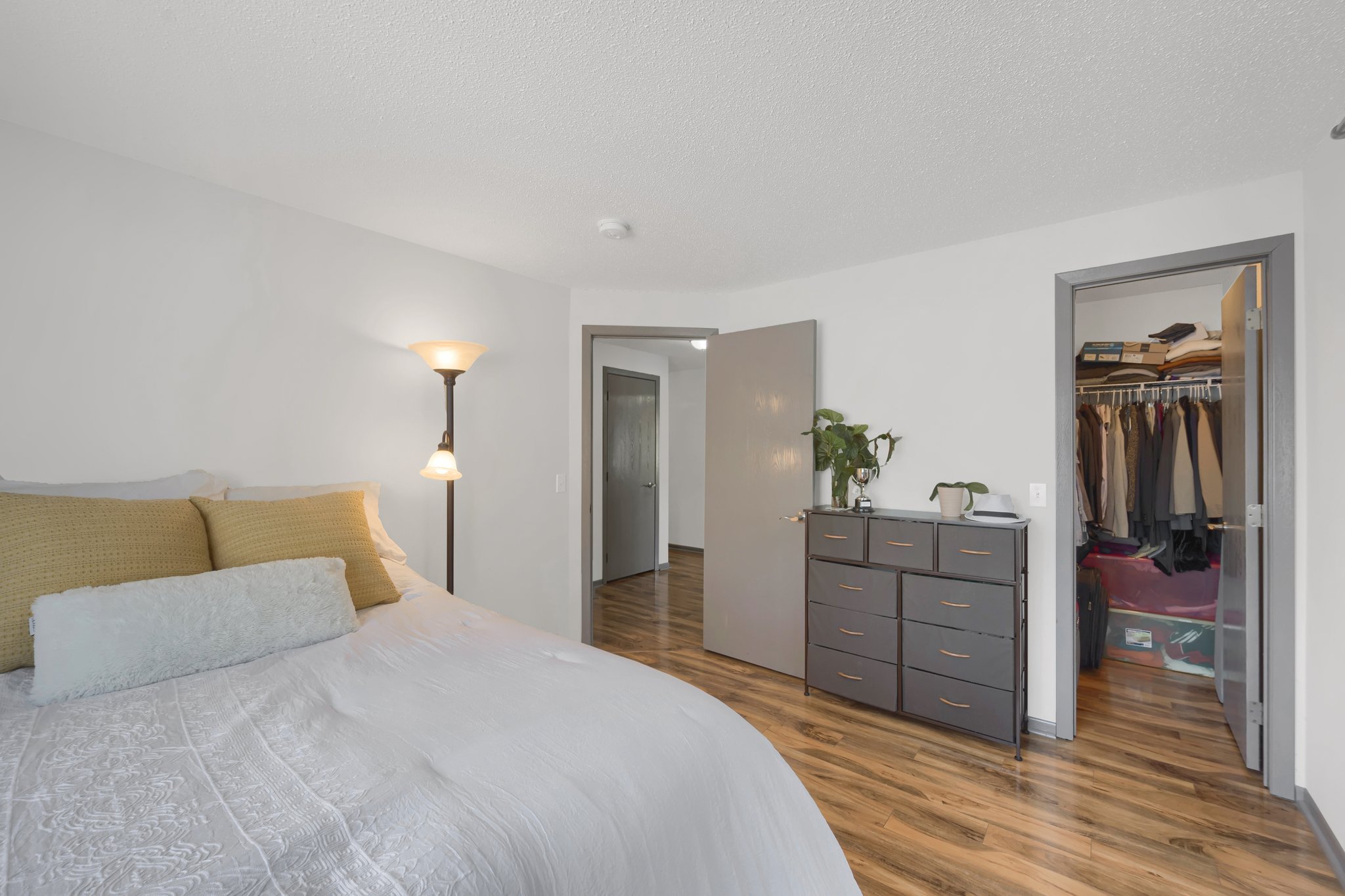 The spacious guest bedroom includes a convenient walk-in closet for added storage.
