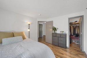 The spacious guest bedroom includes a convenient walk-in closet for added storage.