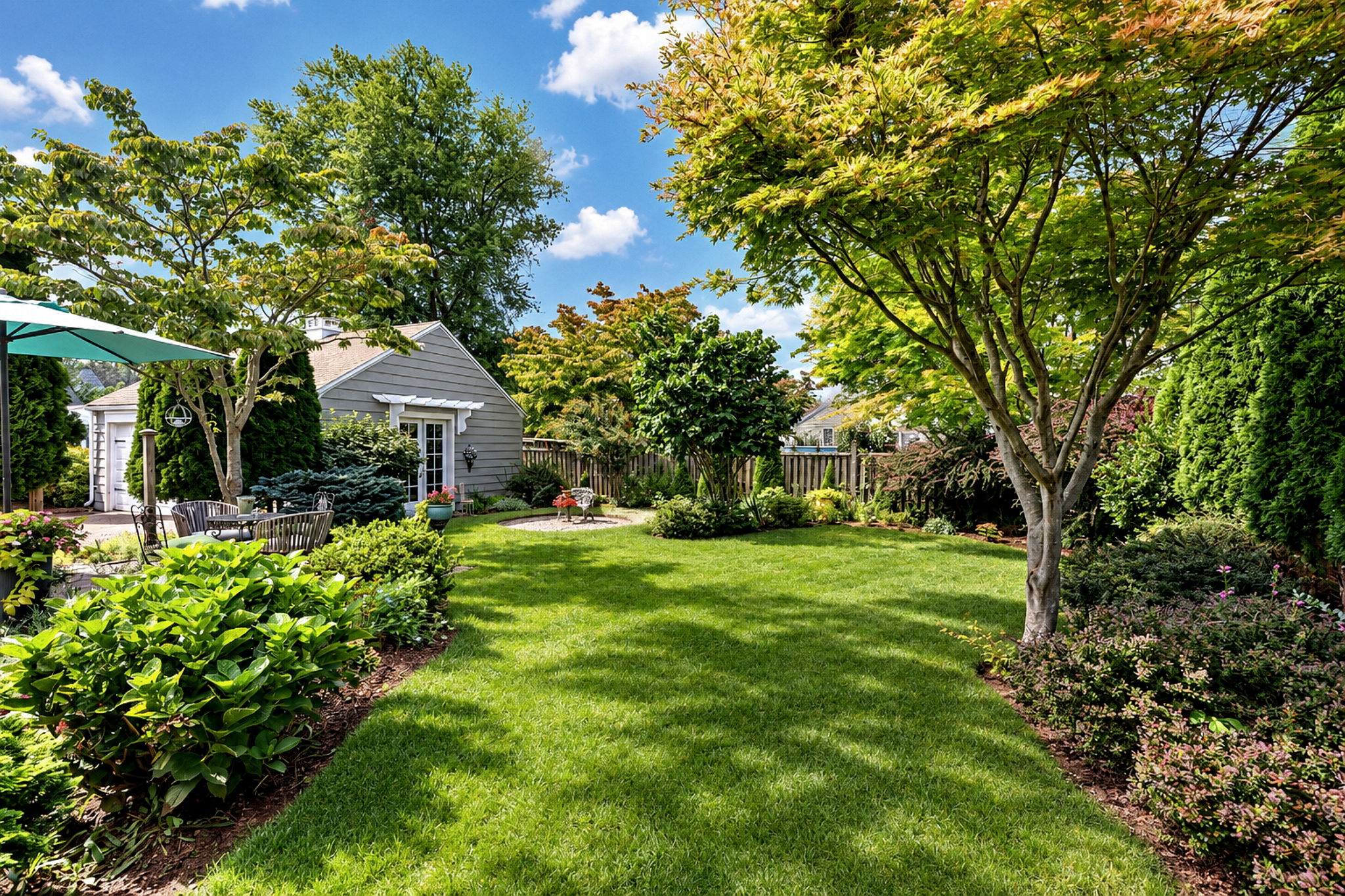 Beautifully Landscaped Backyard – Garage Double Doors Open to a Dedicated Potting Area.