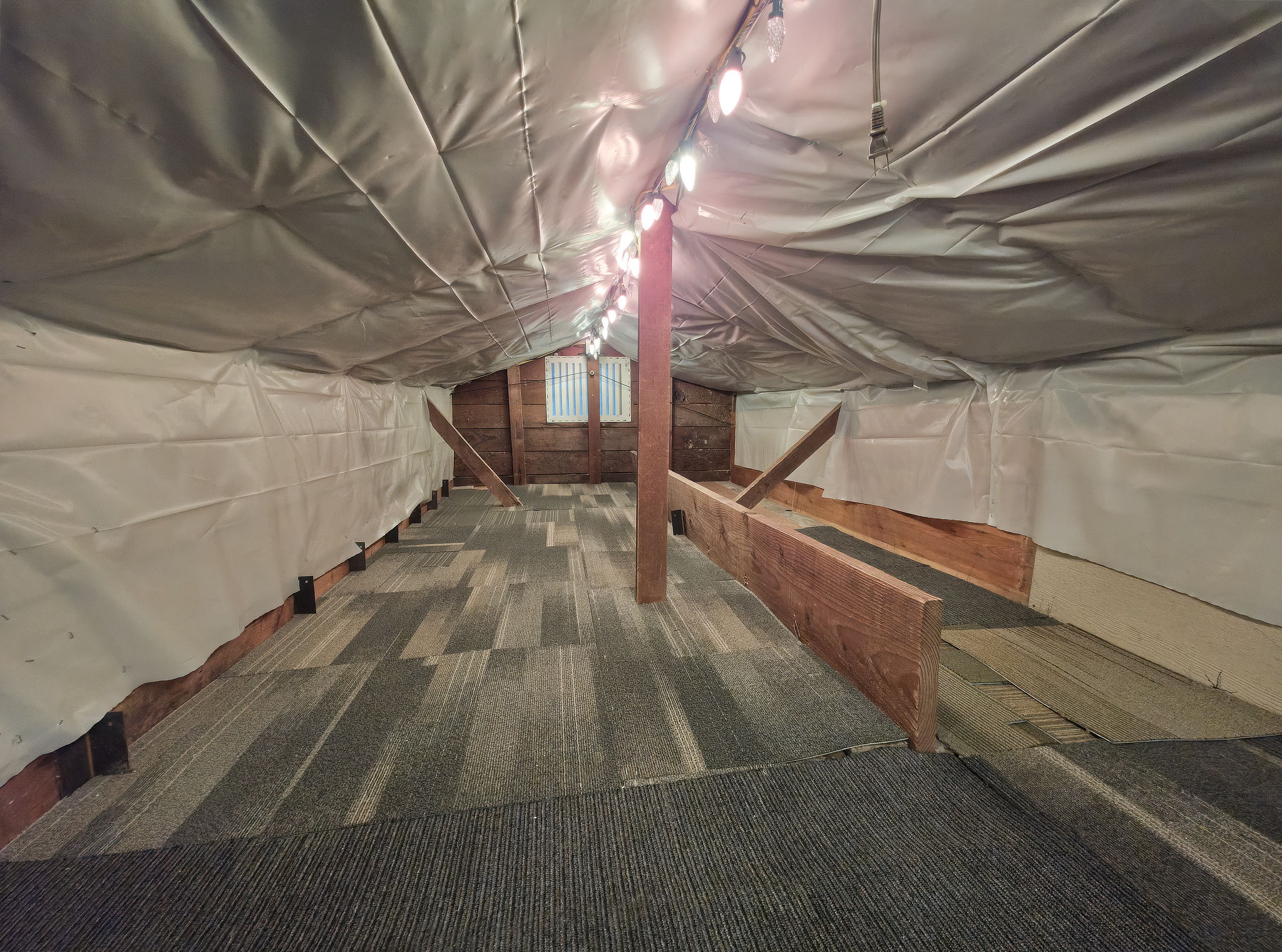 Substantial semi-finished attic storage with carpet and lighting—useful space for keeping everyday living areas uncluttered.