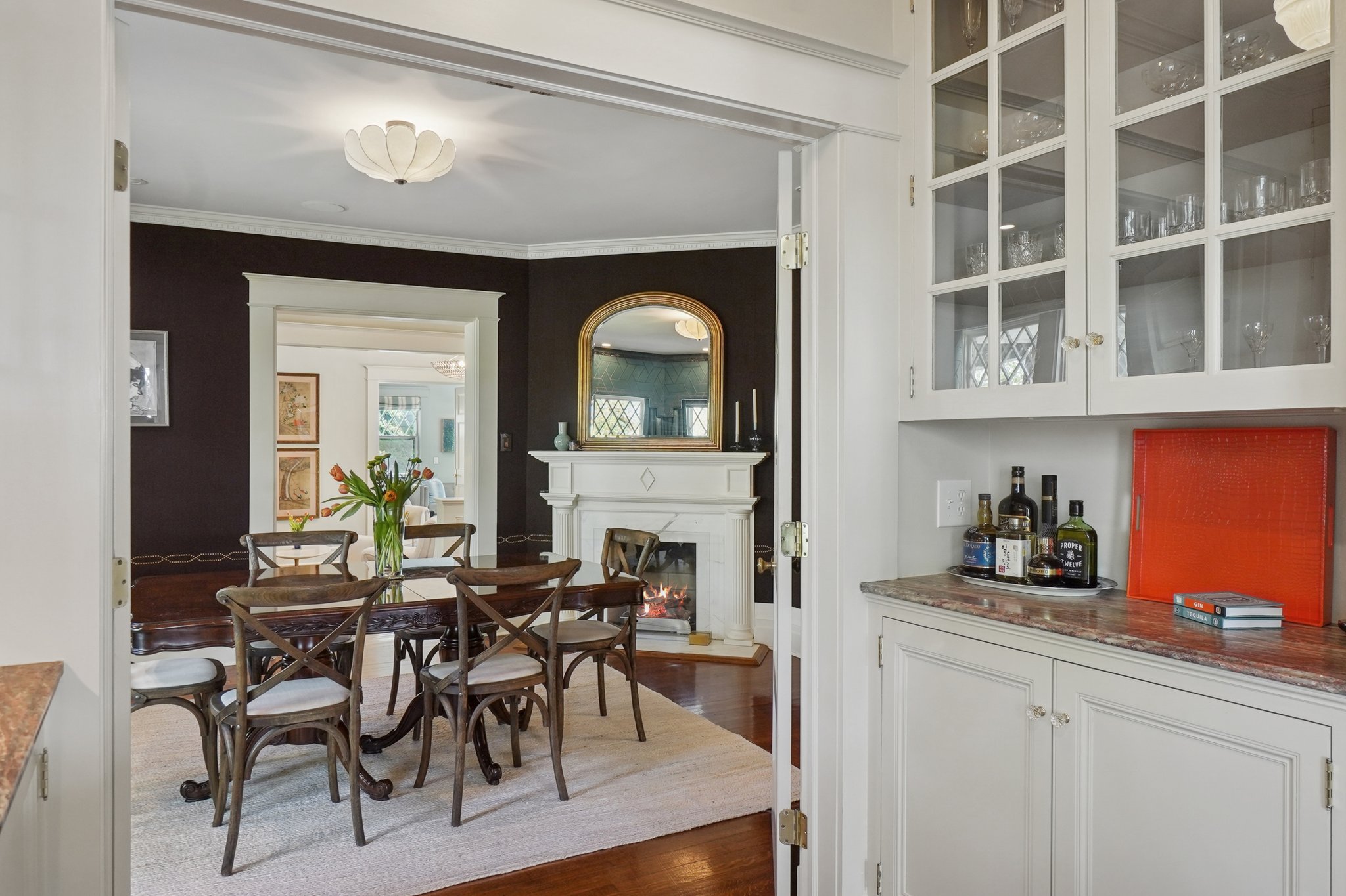 Convenient bar area connects family room and dining room.