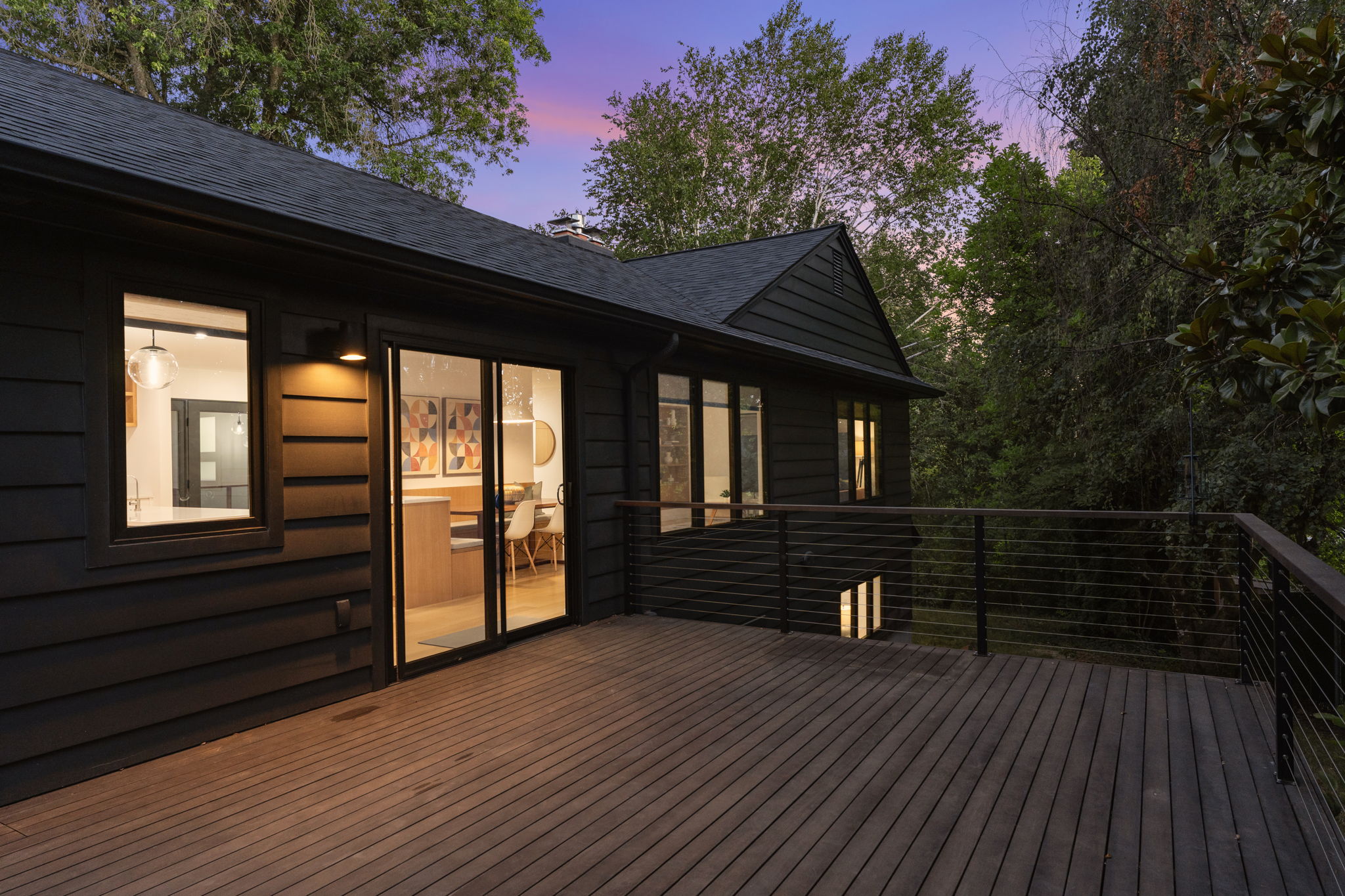 Twilight backyard deck