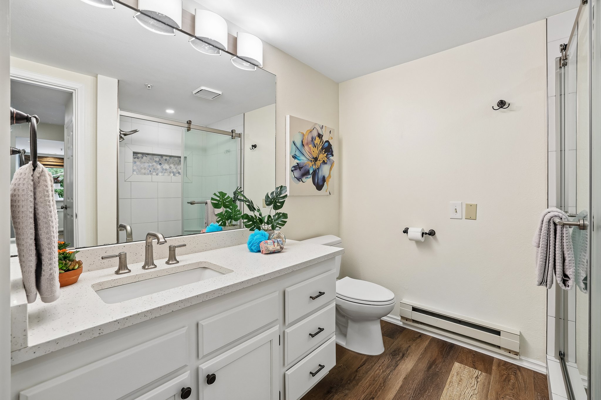 Bathroom with new lights, updated countertop and plank floors