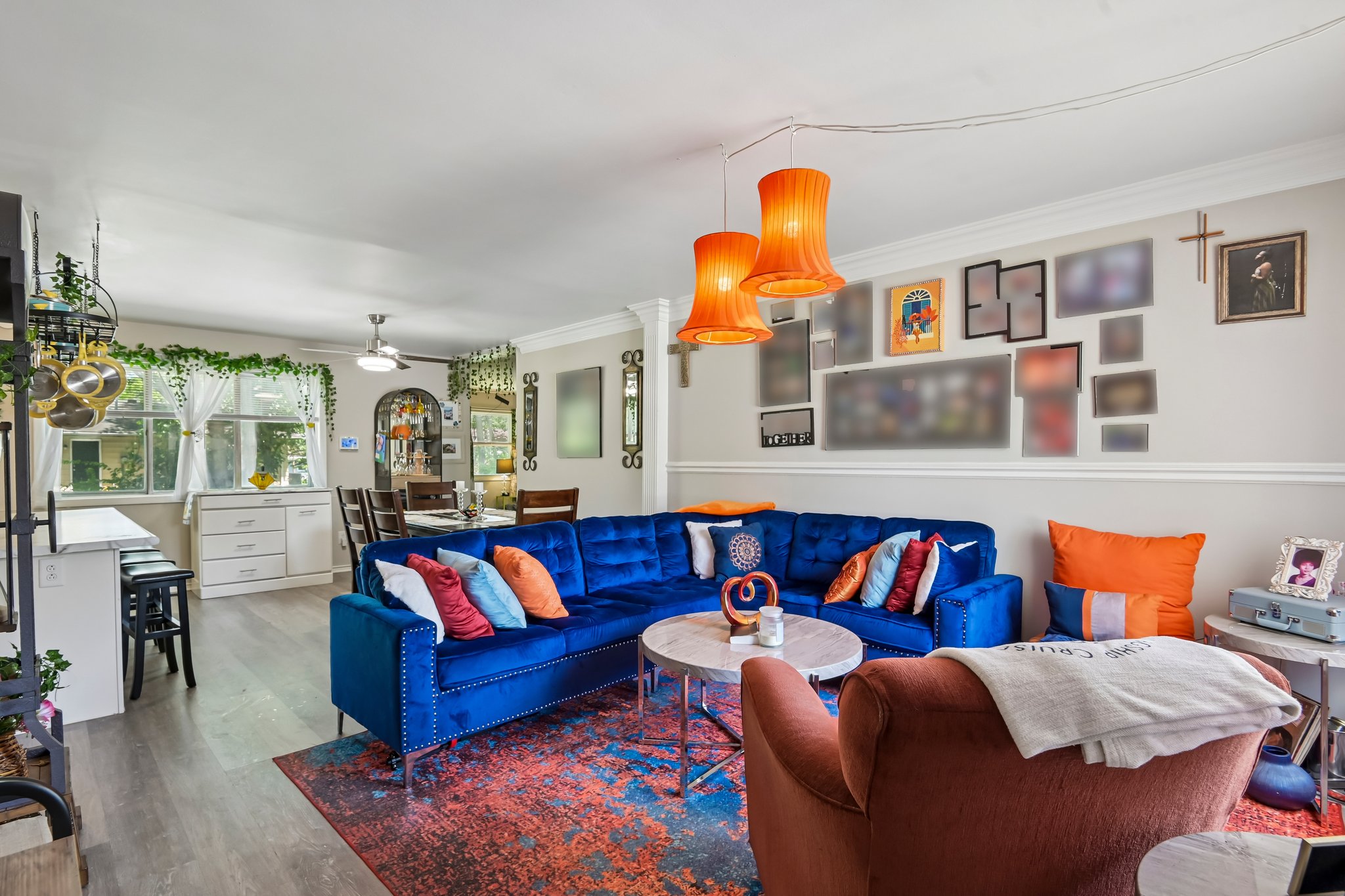 Living room open to kitchen and dining areas