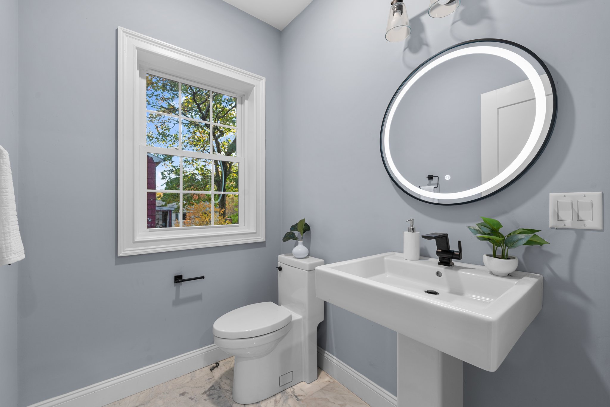 1st Floor Half Bathroom - Tile Floor, Lighted Mirror, Kohler Toilet & Fireclay Pedestal Sink