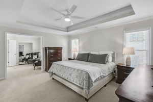 The luxurious primary suite offers a spacious retreat with an elegant tray ceiling and neutral color palette, creating a peaceful and inviting atmosphere.