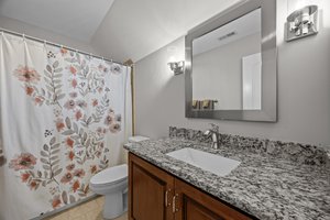 Hall bath, tile shower, sconce style lighting