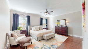 The large Master Bedroom has natural light from the west, ample room for a King Bed, hardwoods, and ceiling fan.
