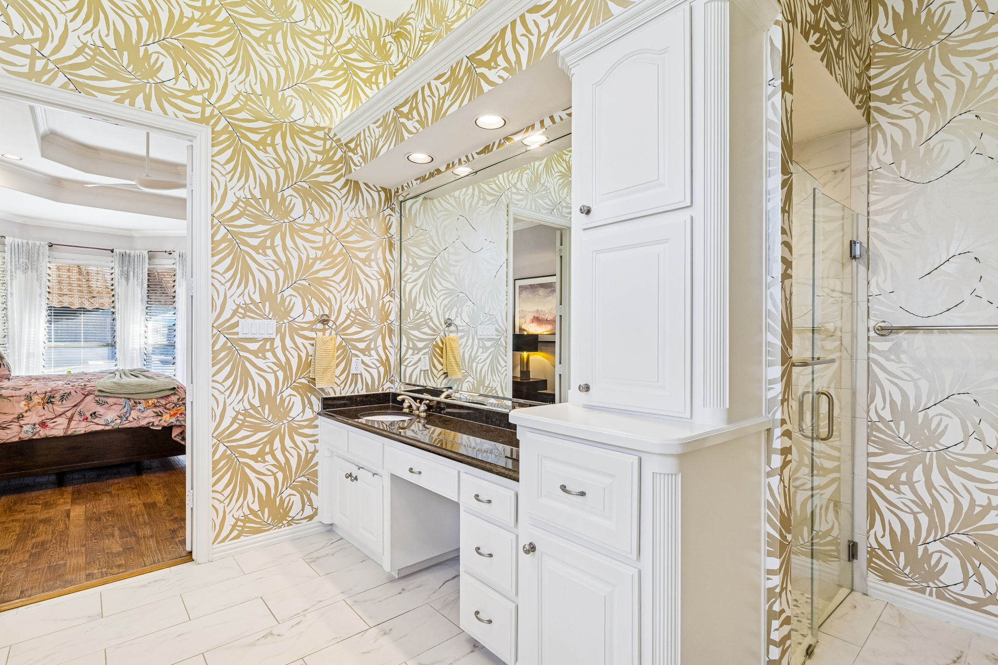 Private Shower around from seperate vanities