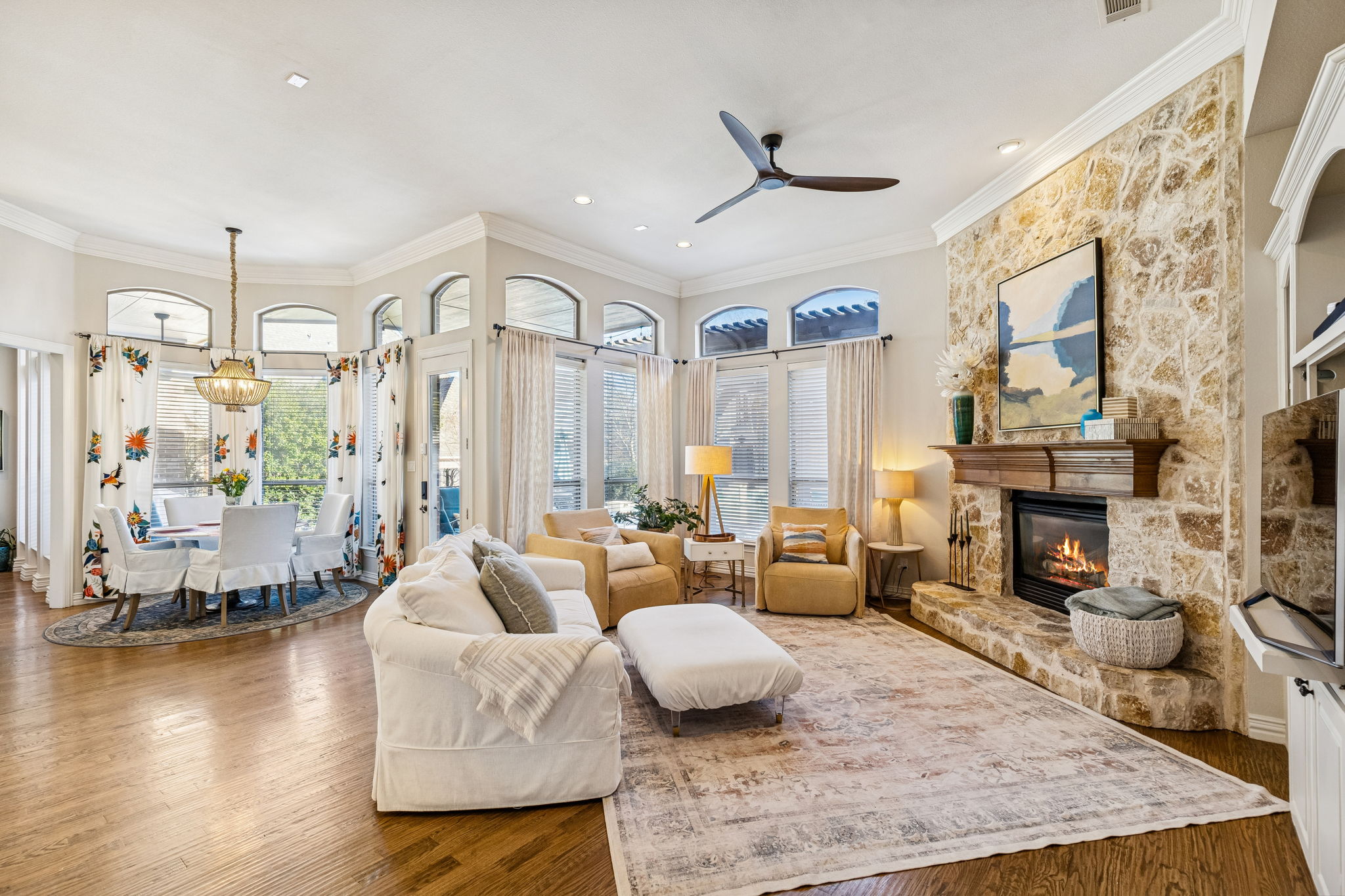 Cozy family room with stone fireplace