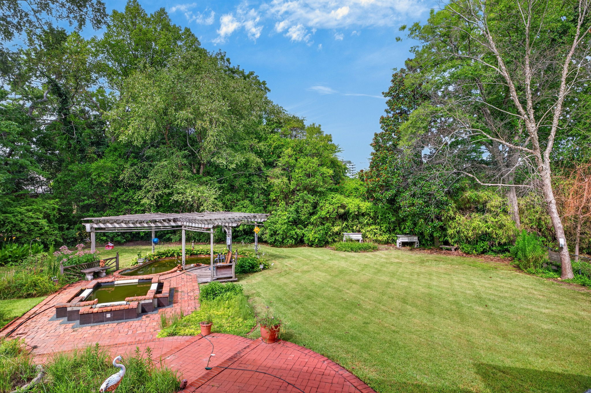 fountain, koi pond, pergola