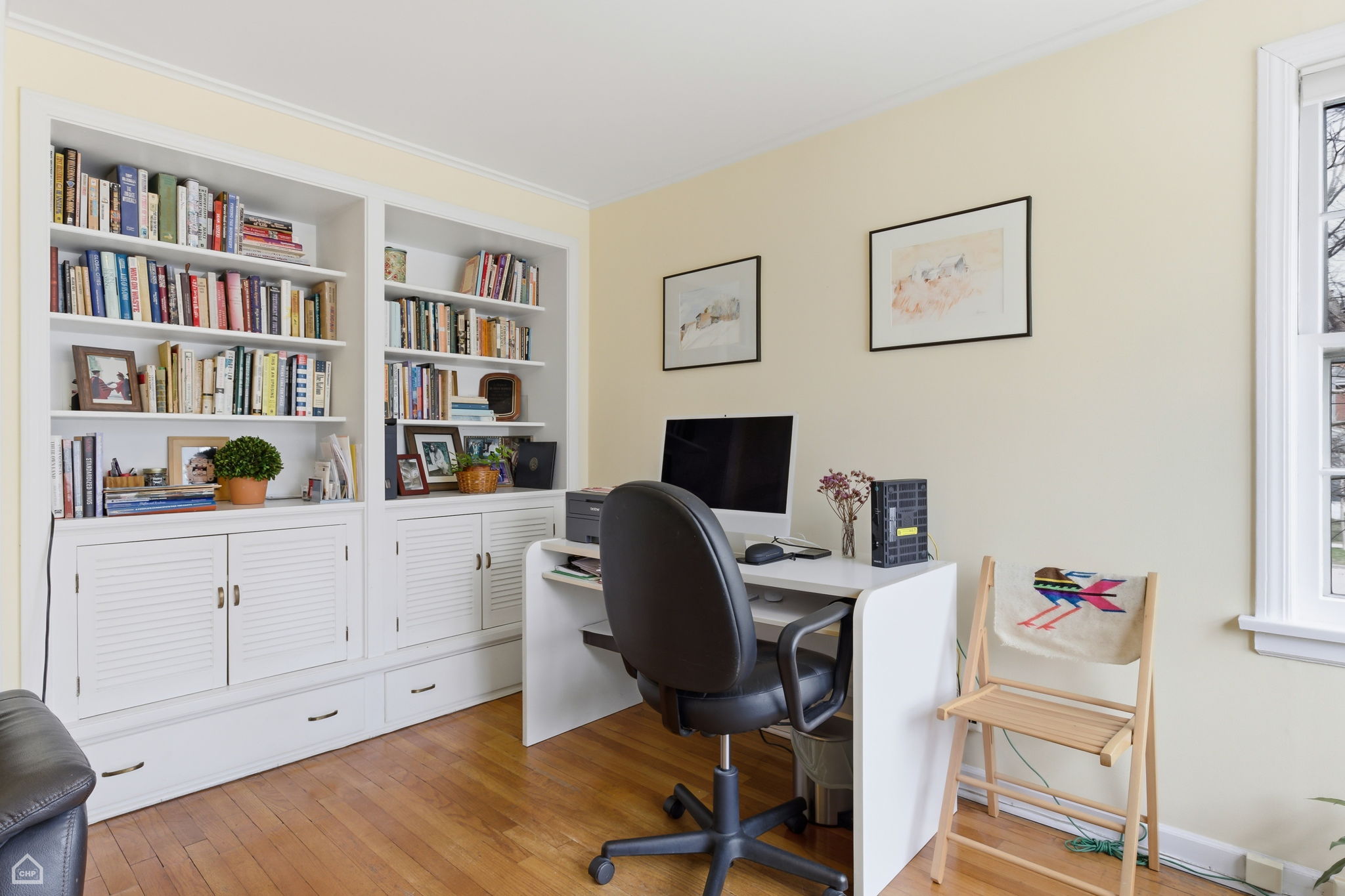 Second  bedroom - currently used as an office. Custom built-ins