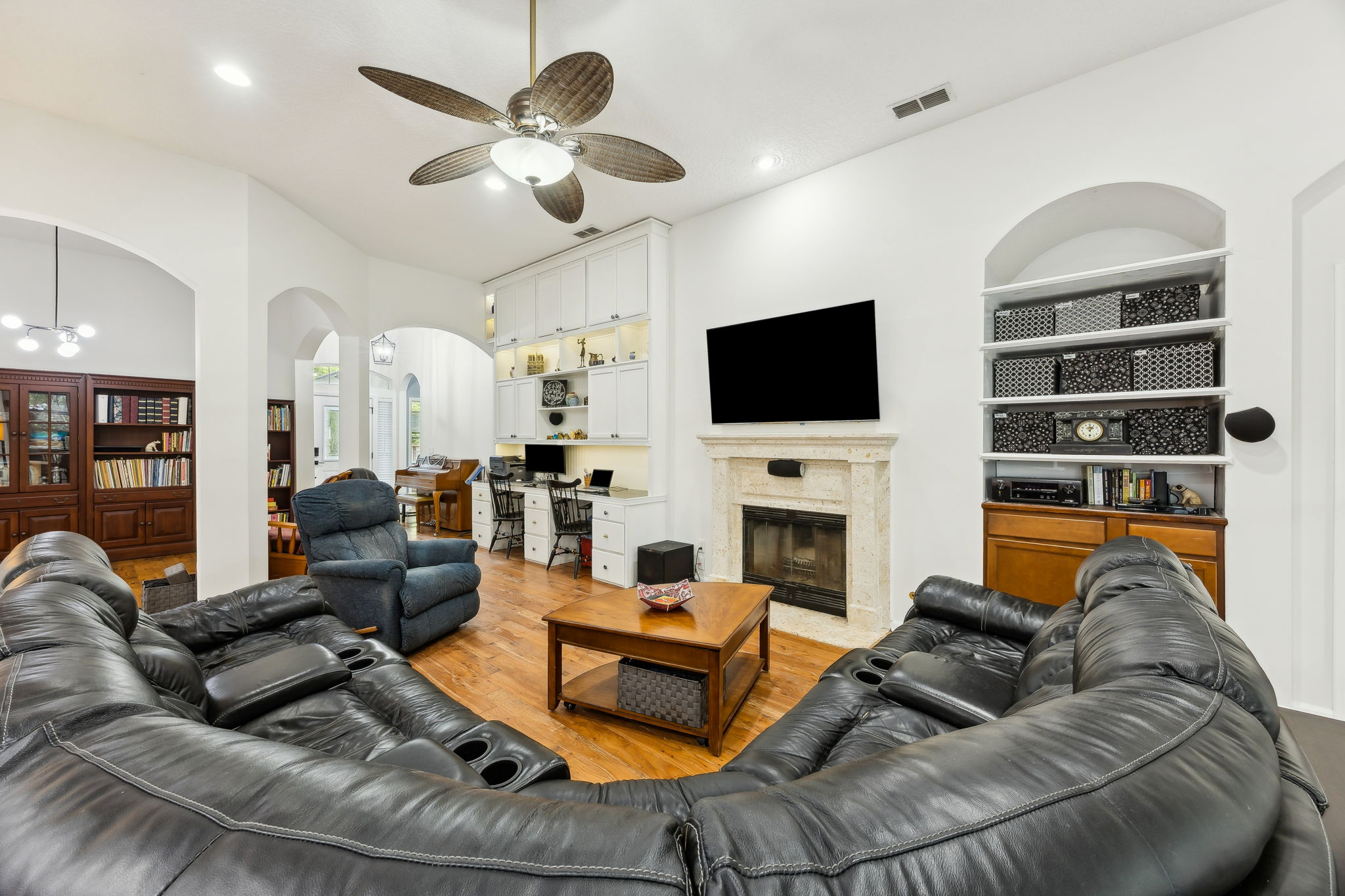 with wood burning fireplace.