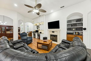 with wood burning fireplace.