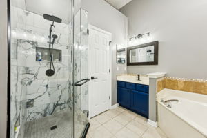 walk-in tiled shower.