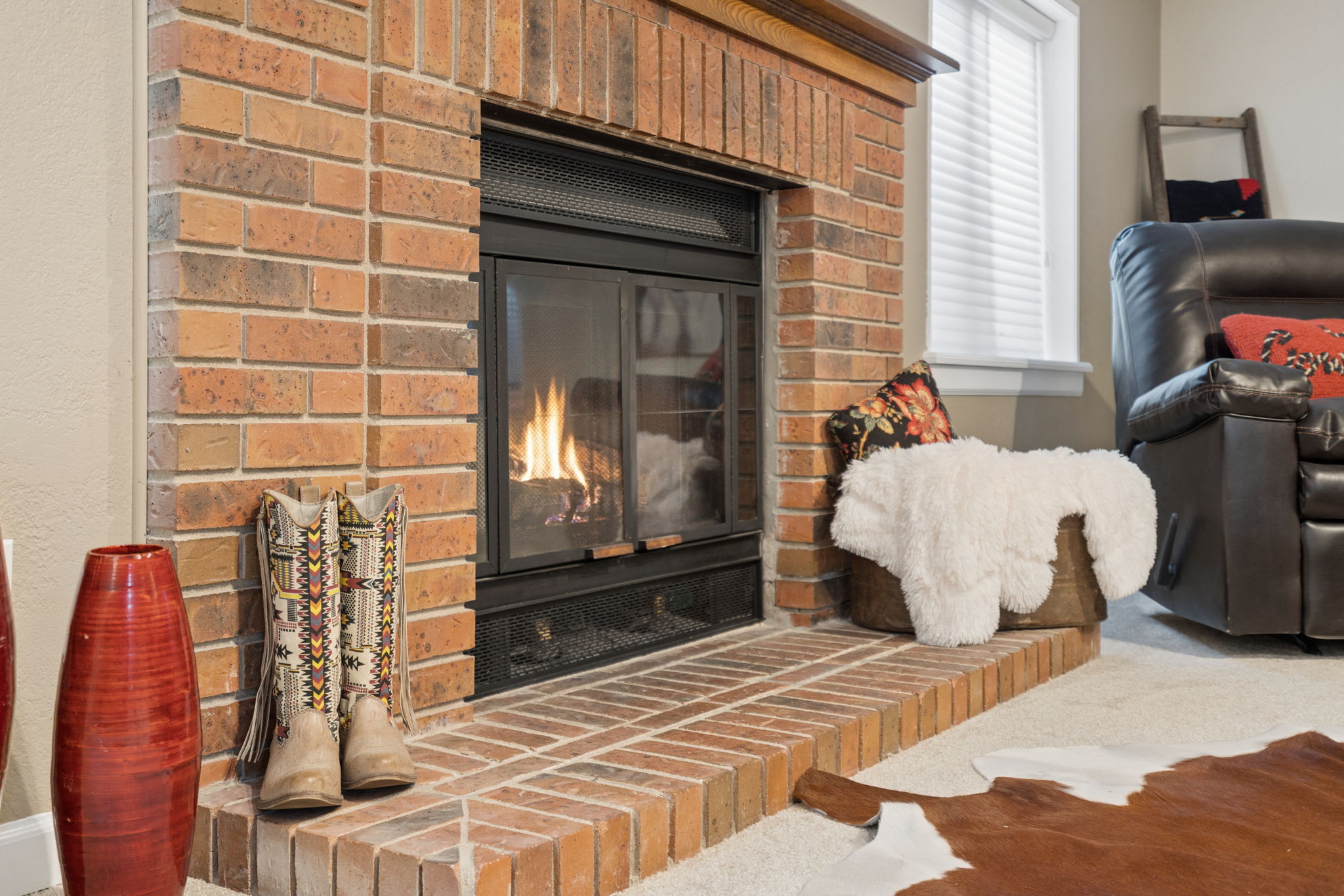 Wood burning fireplace adds cozy ambience