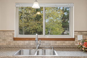 View from the kitchen sink to private backyard