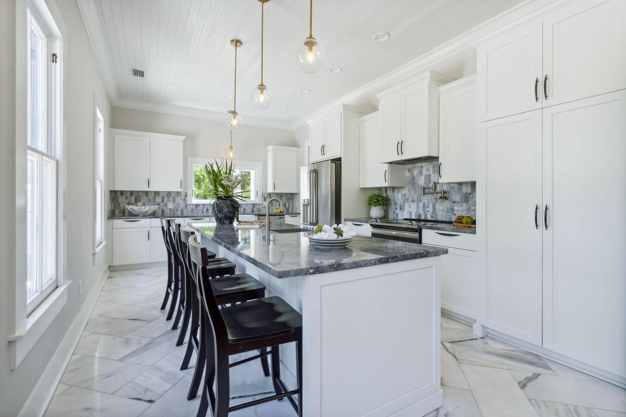 Marble floors were installed throughout the kitchen