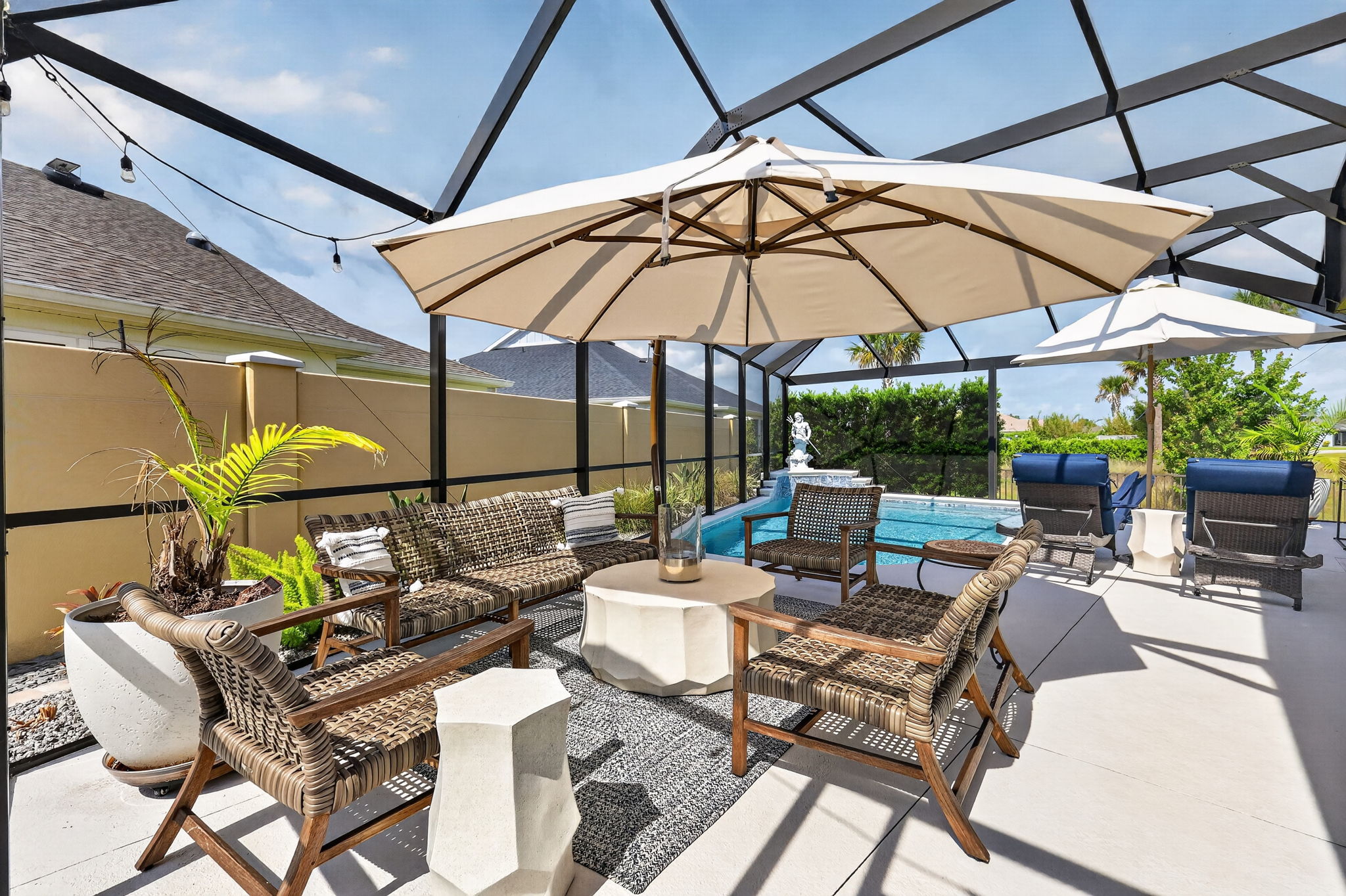 Swimming Pool and Screen Porch with PRIVACY Wall and Landscaping