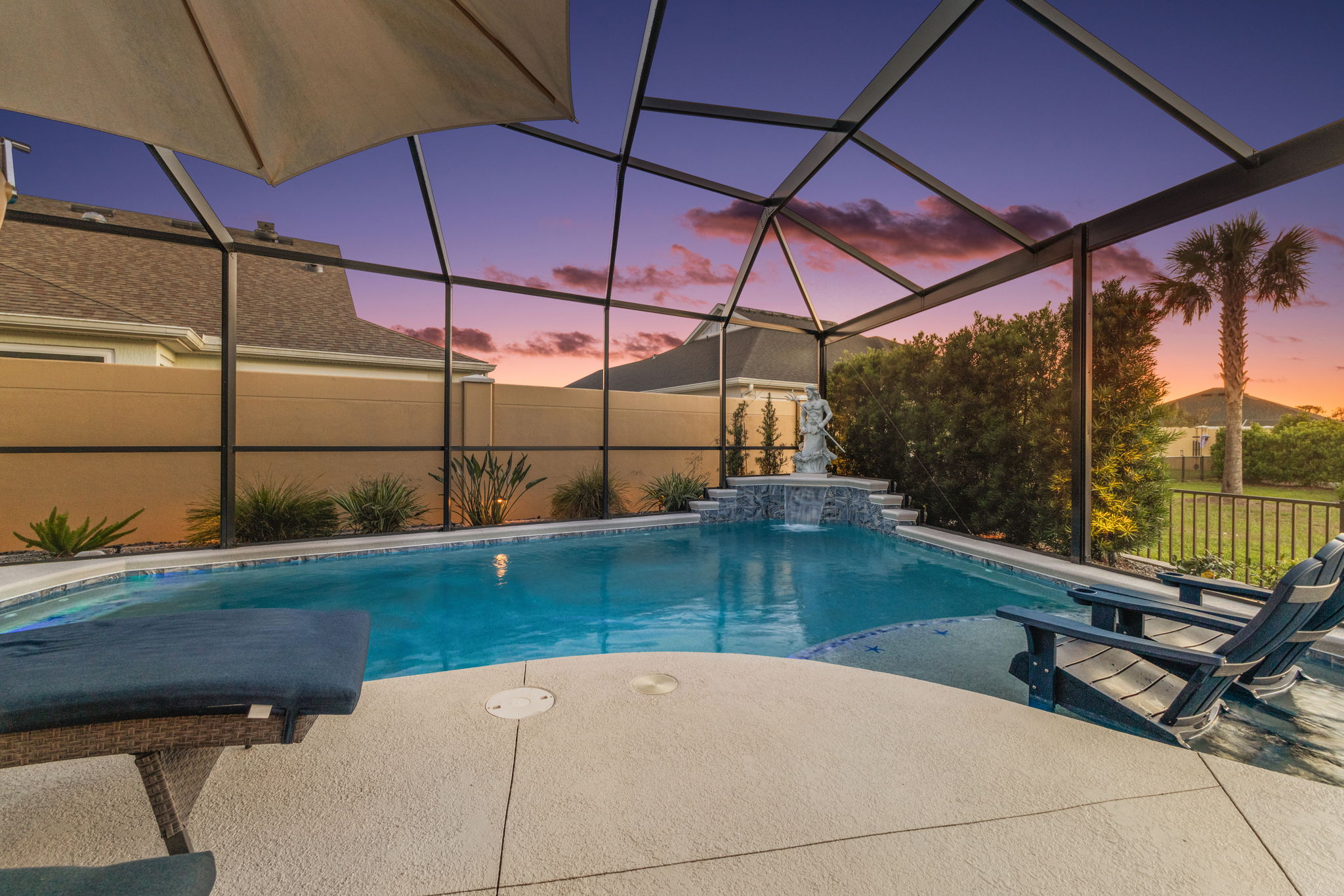 Twilight Swimming Pool with PRIVACY Wall and Landscaping
