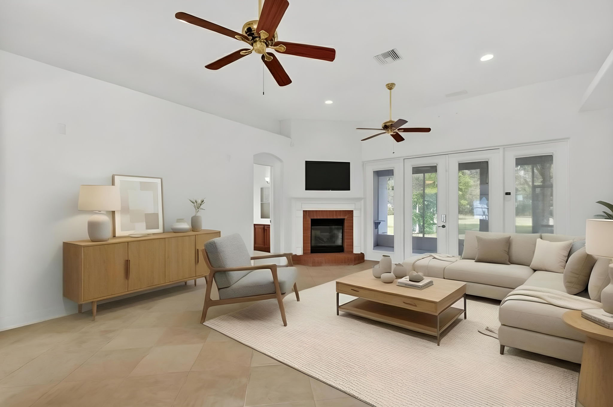 Family Room with Corner Fireplace-Virtually Staged