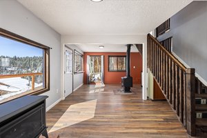 Large main room with propane heater and wood stove