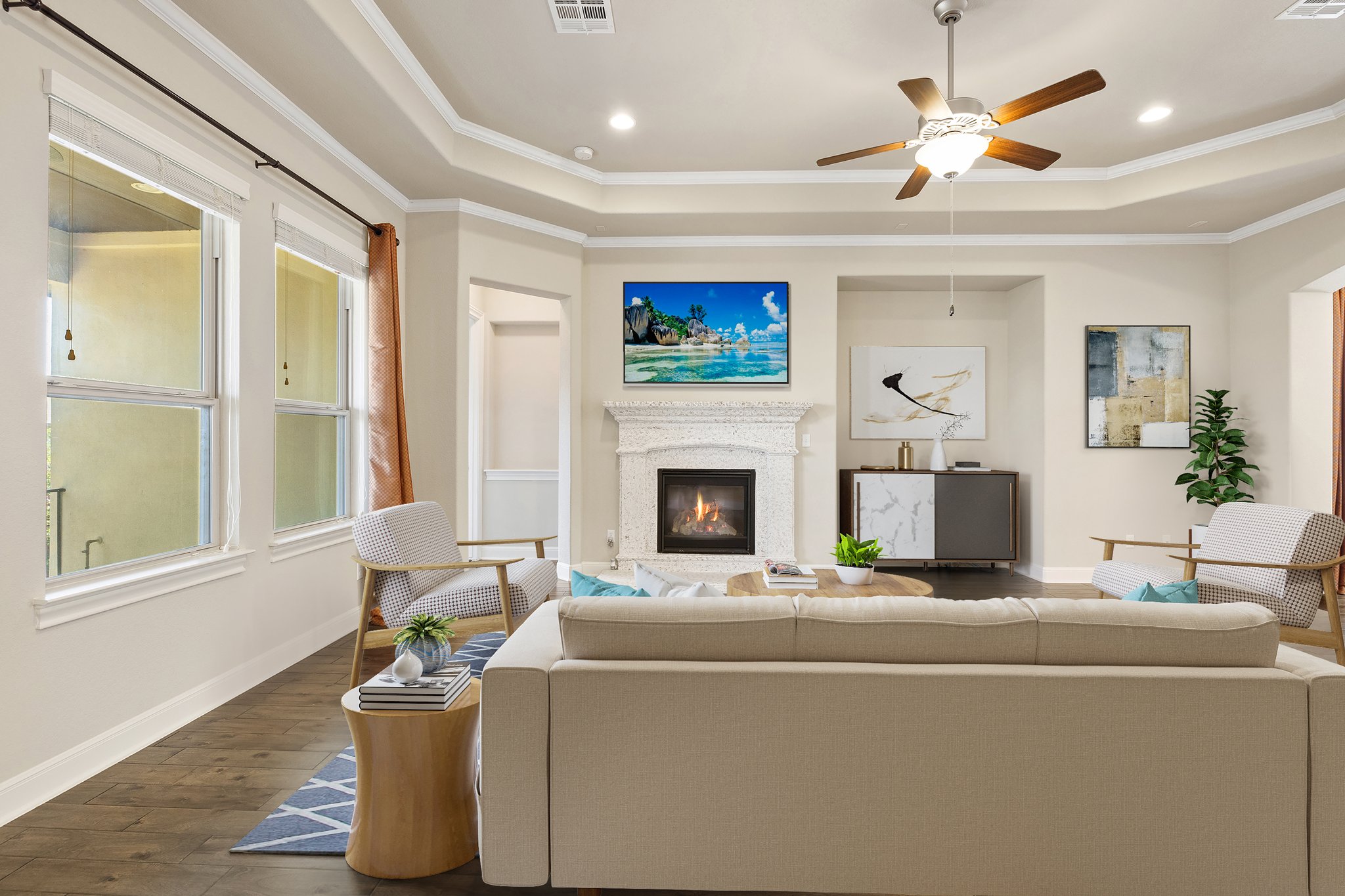 Fireplace and TV nook. Virtually staged.