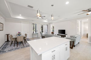 Kitchen island and wide open living space.