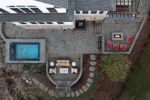 Overhead  of pool, fireplace lounge and firepit terrace