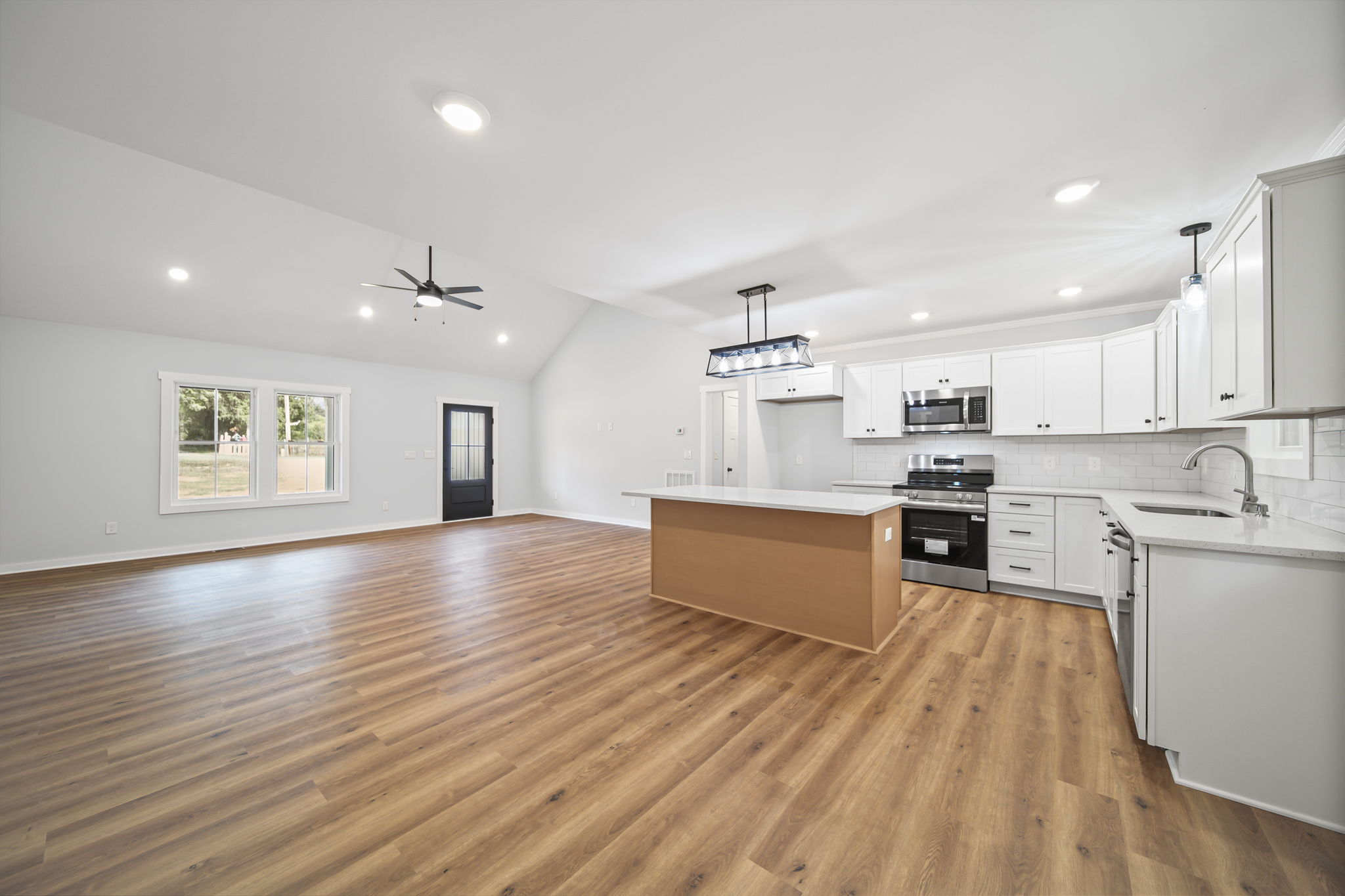 Large open floor plan with a view from dining area
