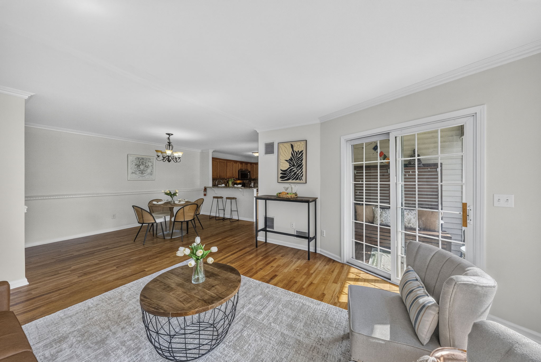 Open Concept Living-Living, Dining & Living Room & Kitchen with Breakfast Bar & Nearby Balcony
