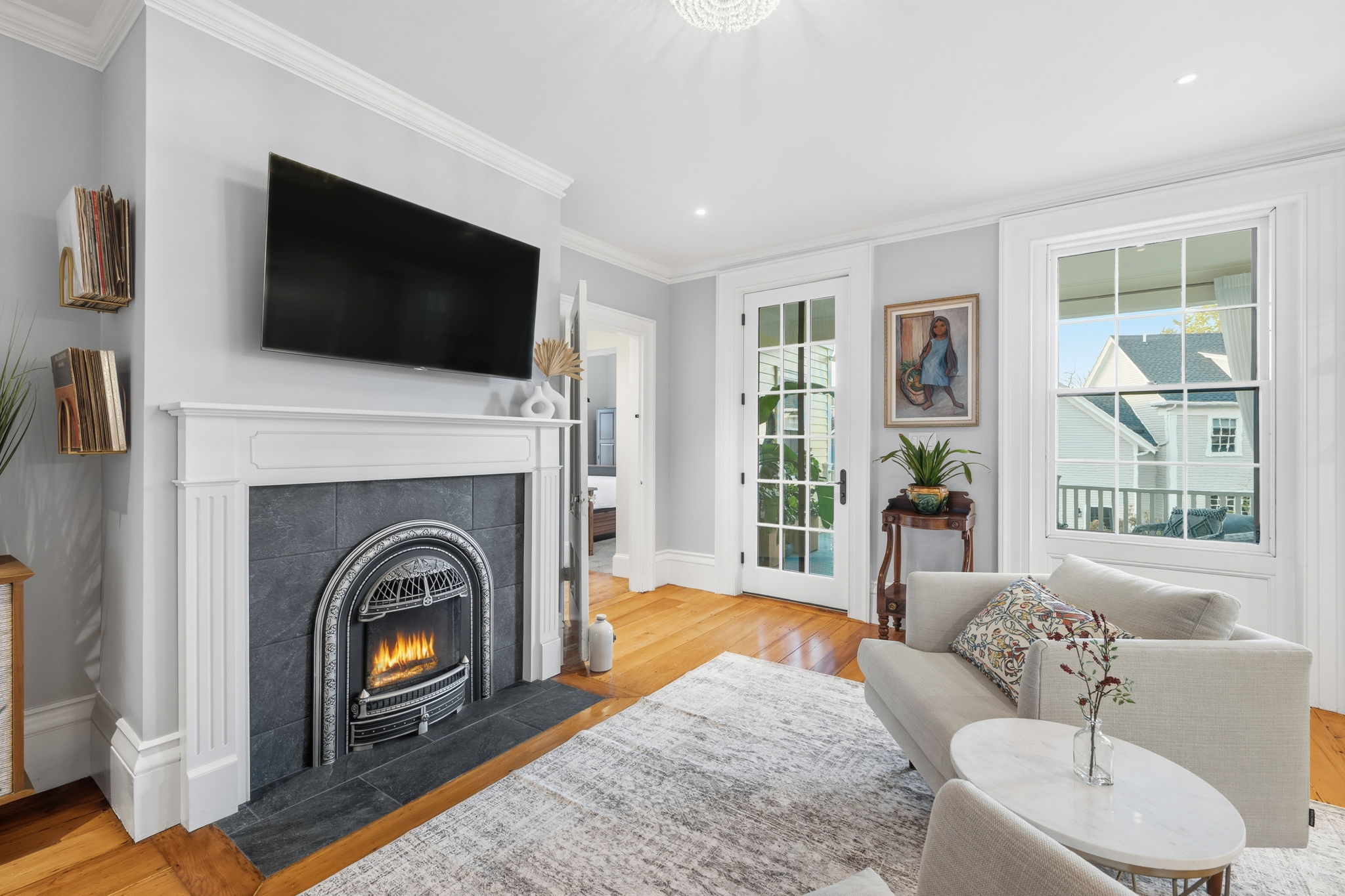 Fireplace and access to deck