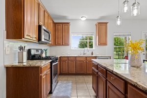 The kitchen window looks into the lush back yard and a community pond.