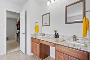 Primary bedroom with double vanity, soaking tub and walk-in shower.