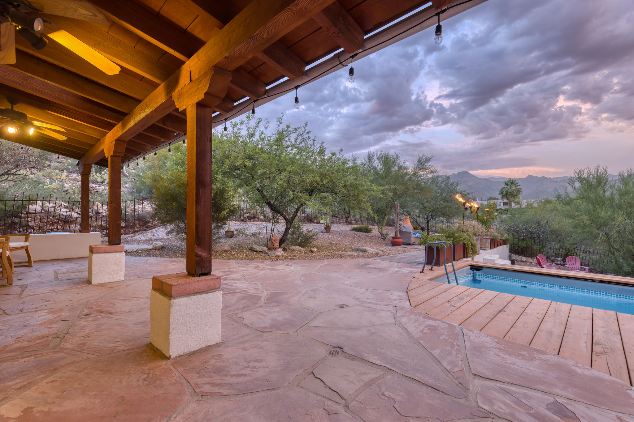Back Covered Patio/ Catalina Mountains/ Deck with pool