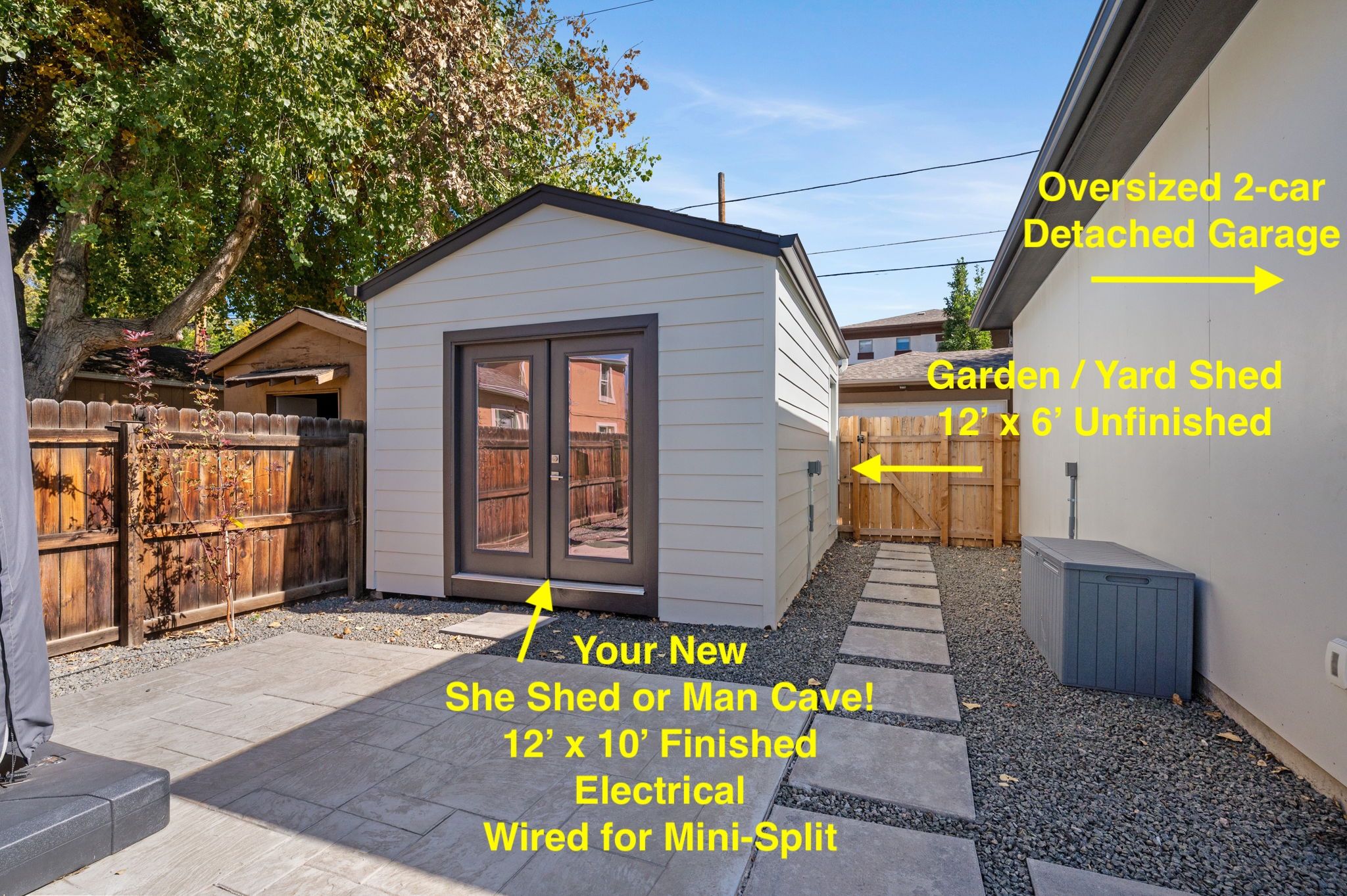 This shed has been re-imagined as a she-shed in the front, finished and wired for a mini-split, and an unfinished garden/tool shed in the back