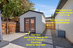 This shed has been re-imagined as a she-shed in the front, finished and wired for a mini-split, and an unfinished garden/tool shed in the back