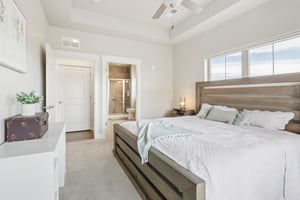 Primary Bedroom with attached bathroom with walk in closet, shower stall and double sinks