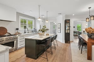 36” Thermador built-in, paneled fridge-freezer blends in seamlessly with the custom cabinetry.