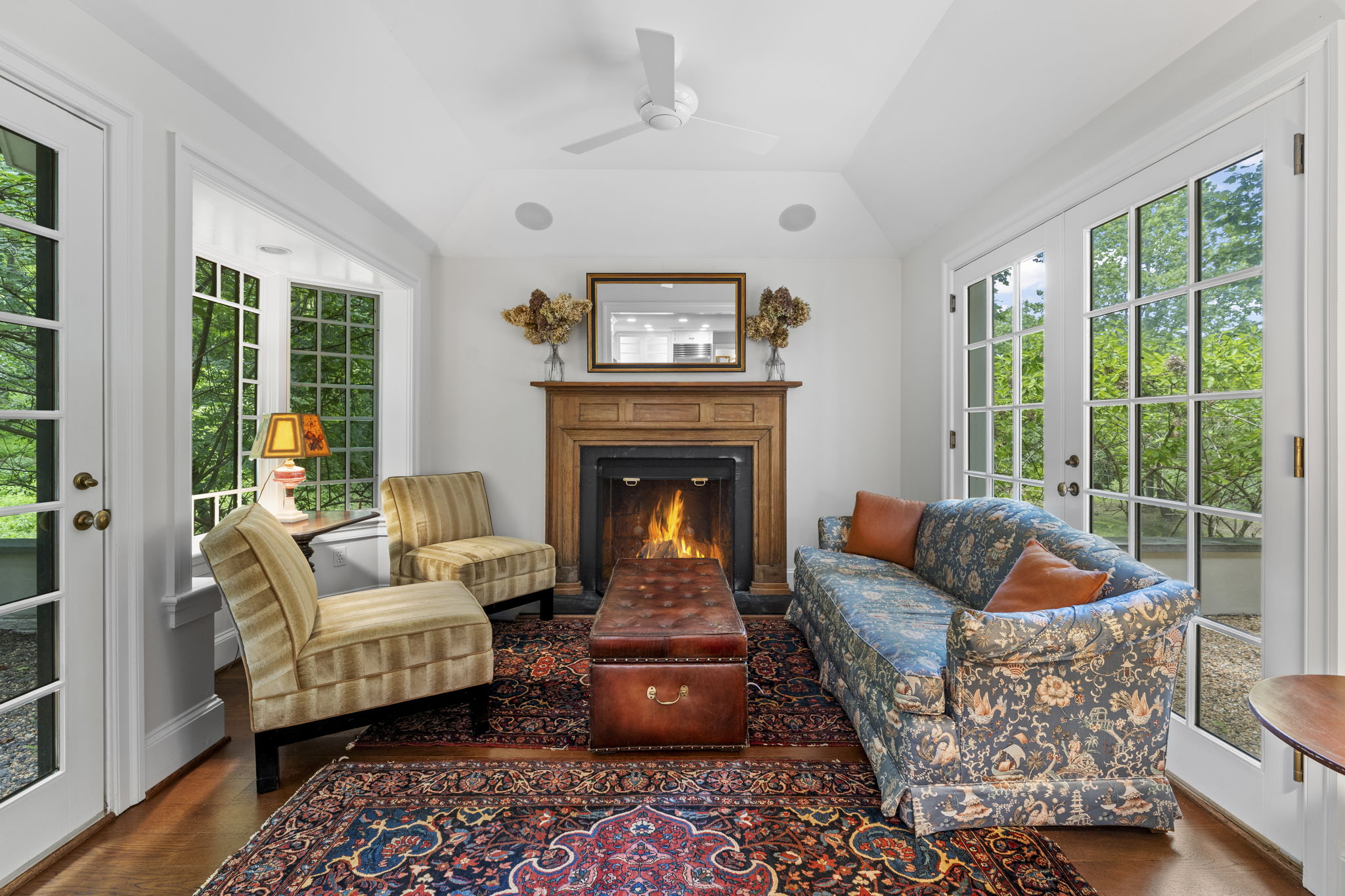 Fireplace and French doors
