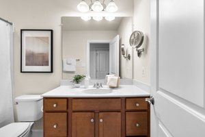 Bright hall bath. Lg linen closet across the hall