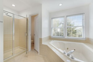 Corner Soaking Tub, Walk-In Shower, and Water Closet