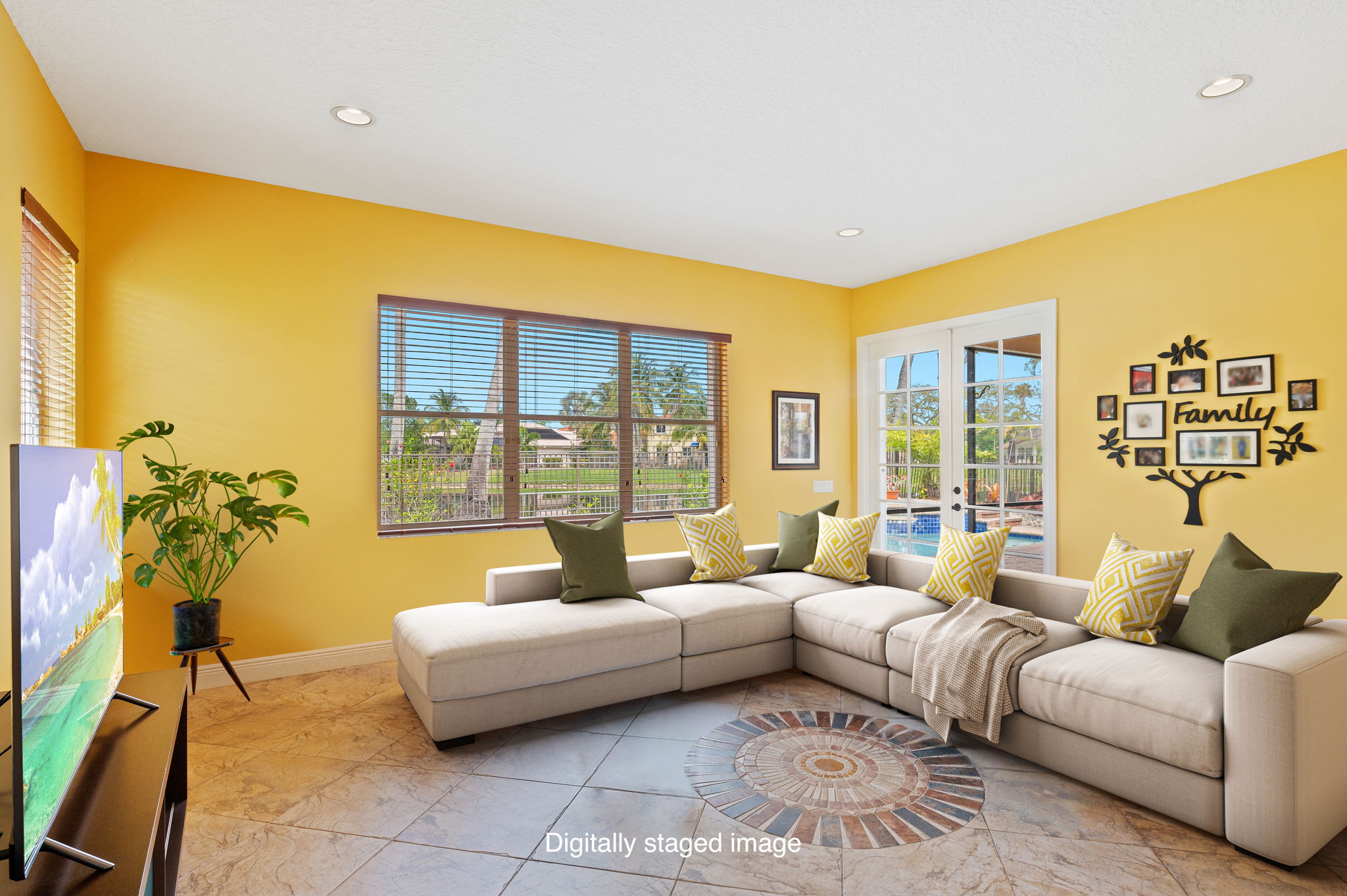 Family Room with a neutral colored sofa