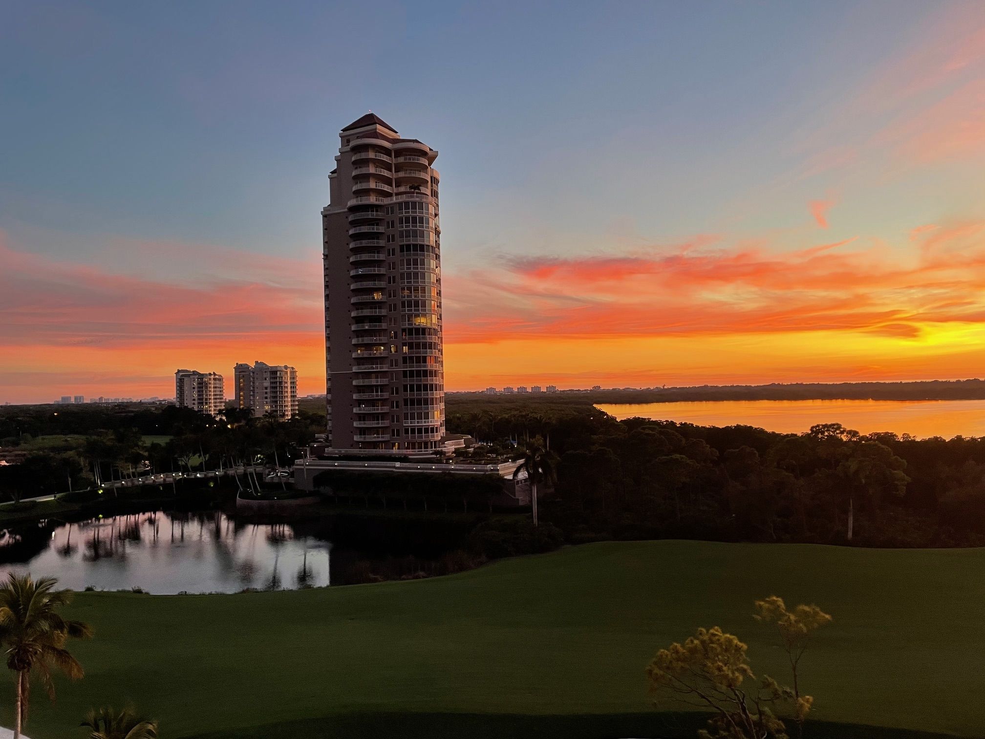 Sunset backdrop with the Horizons building in forefront