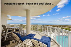 Panoramic ocean, beach, and pool views unfold from this inviting outdoor living space ...