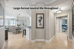 ... where large-format travertine tile creates a polished, cohesive backdrop.