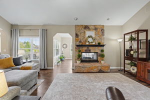 Stone wood burning fireplace.